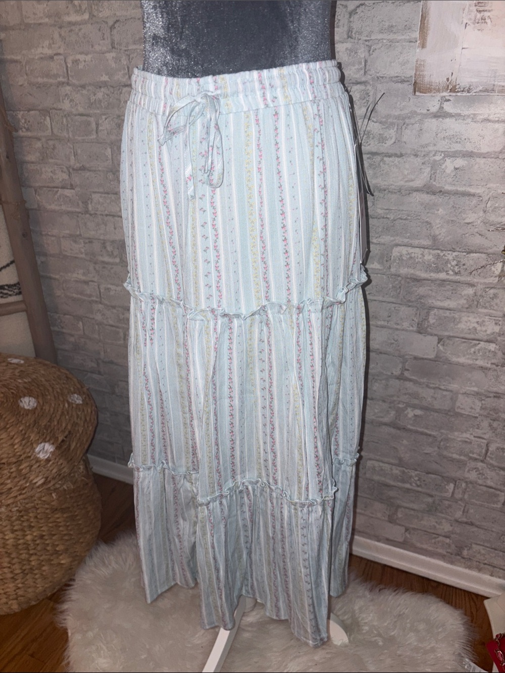 Love Shack Fancy Inspired Light Blue floral Maxi Skirt With Ruffles